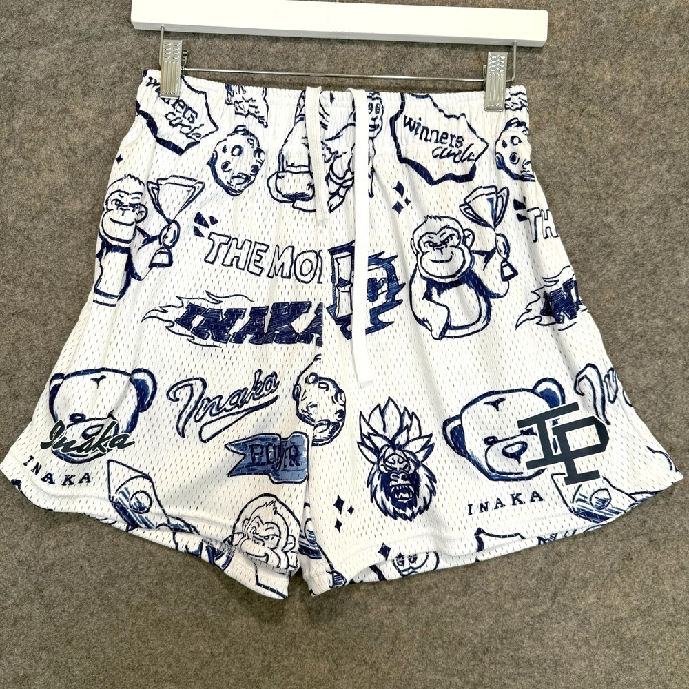 Inaka Power‎ Mob Shorts Mens Medium Graphic Mesh White Blue Ape Bear Champion